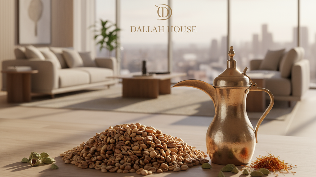 Saudi coffee mix made from coffee beans, saffron, and cardamom. (Medium roasted)-Dallah House - قهوة سعودية بالهيل والزعفران  